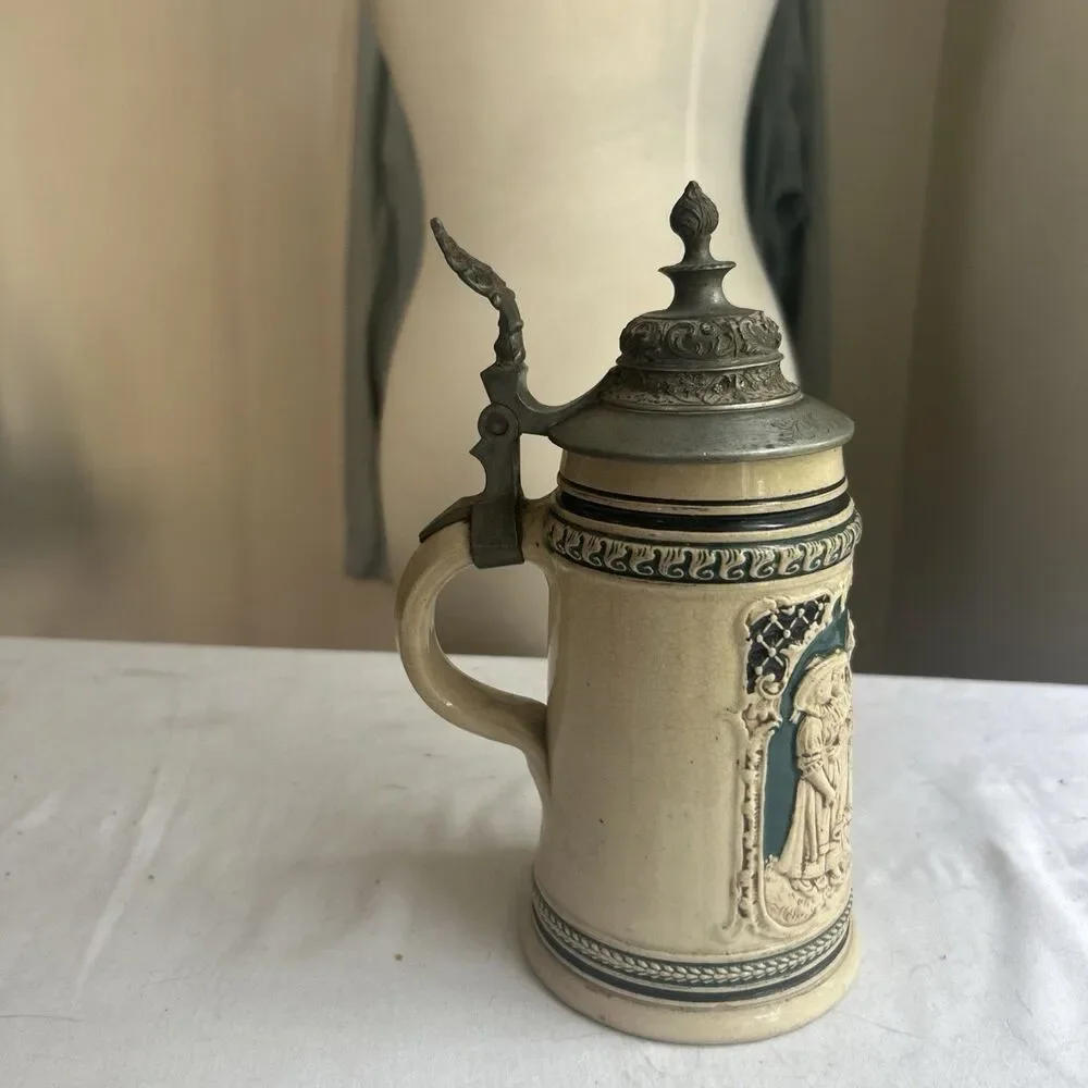 Vintage Antique German Beer Stein Lidded Pewter Engraved “Ernst Huf”  0.5L